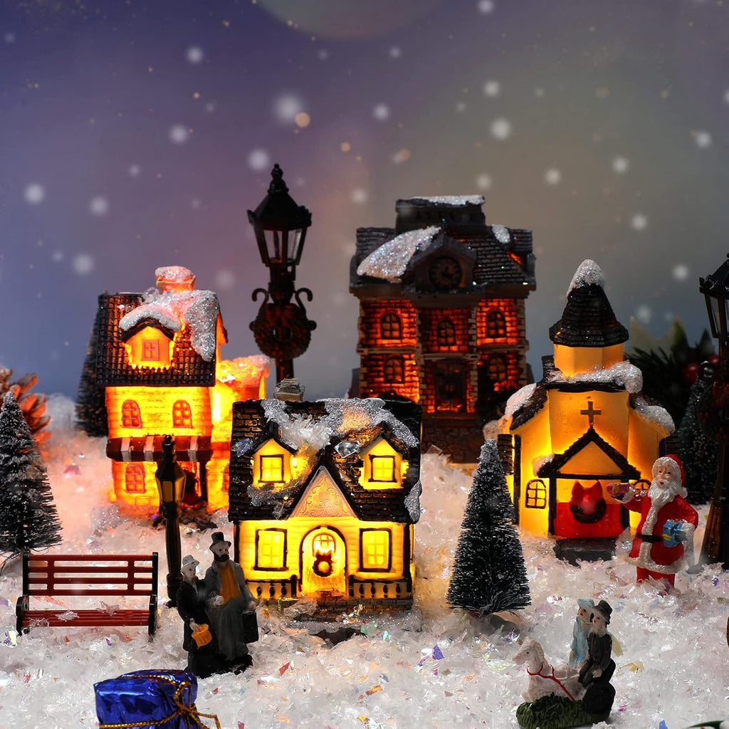Queekay 17-Piece Lighted Christmas Village Set - Resin Houses & Figurines for Festive Indoor Decor