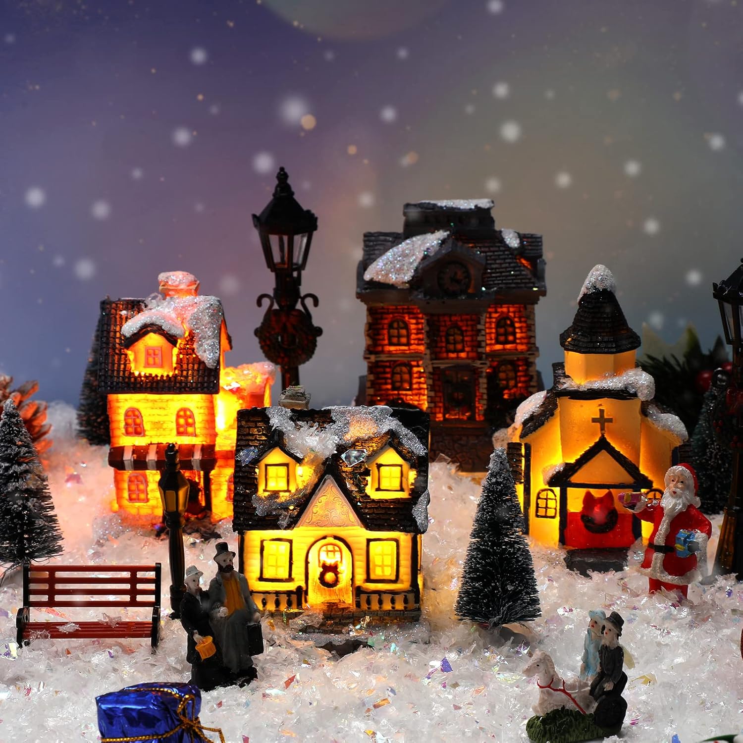 Queekay 17-Piece Lighted Christmas Village Set - Resin Houses & Figurines for Festive Indoor Decor