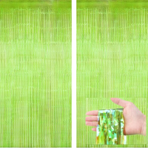 Fanfanwin Neon Green Streamers - 2 Pcs Foil Fringe Backdrop Curtains for Parties | 3.28 x 8.2 ft