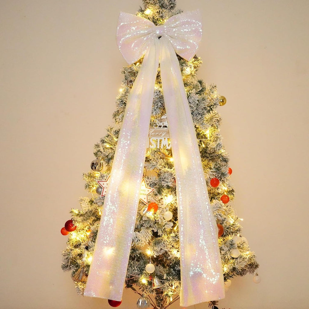 PartyDelight Large Bow Decorations - Big White Iridescent Sequin Ribbon Tie | 16x47 Inches for Christmas Tree Topper & Party Decor