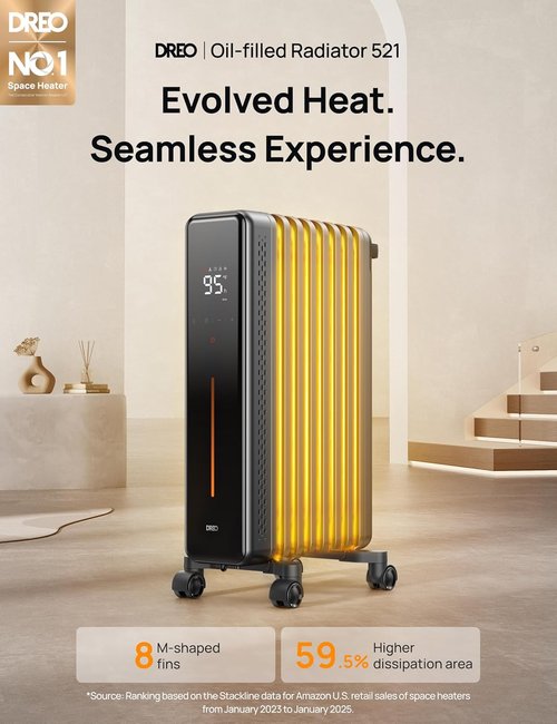 DREO Oil Filled Radiator Heater - 1500W Electric Heater with Remote & Digital Thermostat | 8 Fins, Quiet Operation