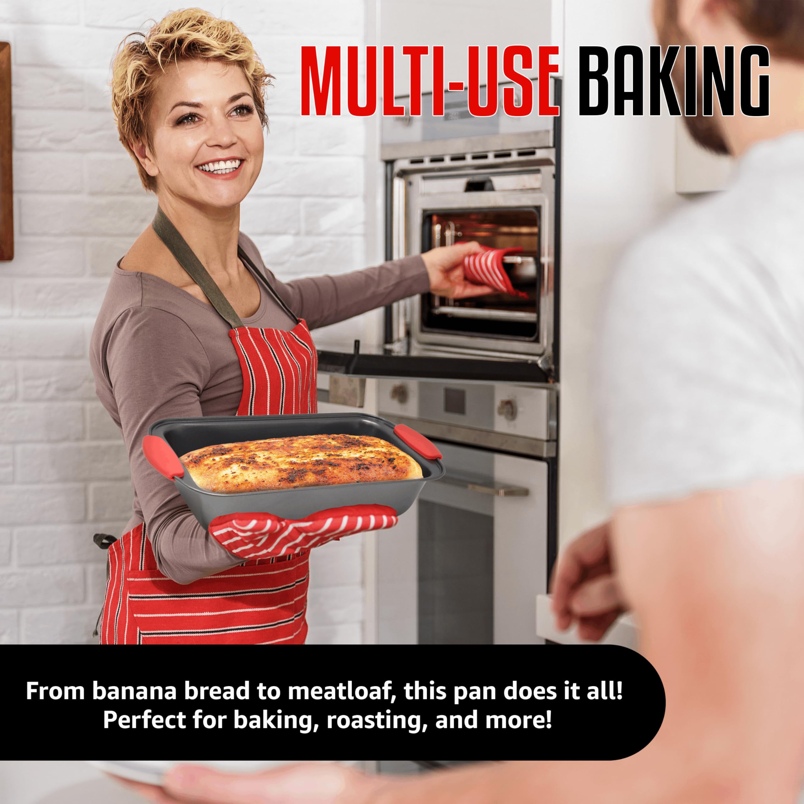 PERLLI Nonstick Loaf Pan with Silicone Grip Handles 11.75" x 6" High-Carbon Steel Bakeware for Baking Bread Cake Broiling Roasting Meat, Oven Safe (446°F)