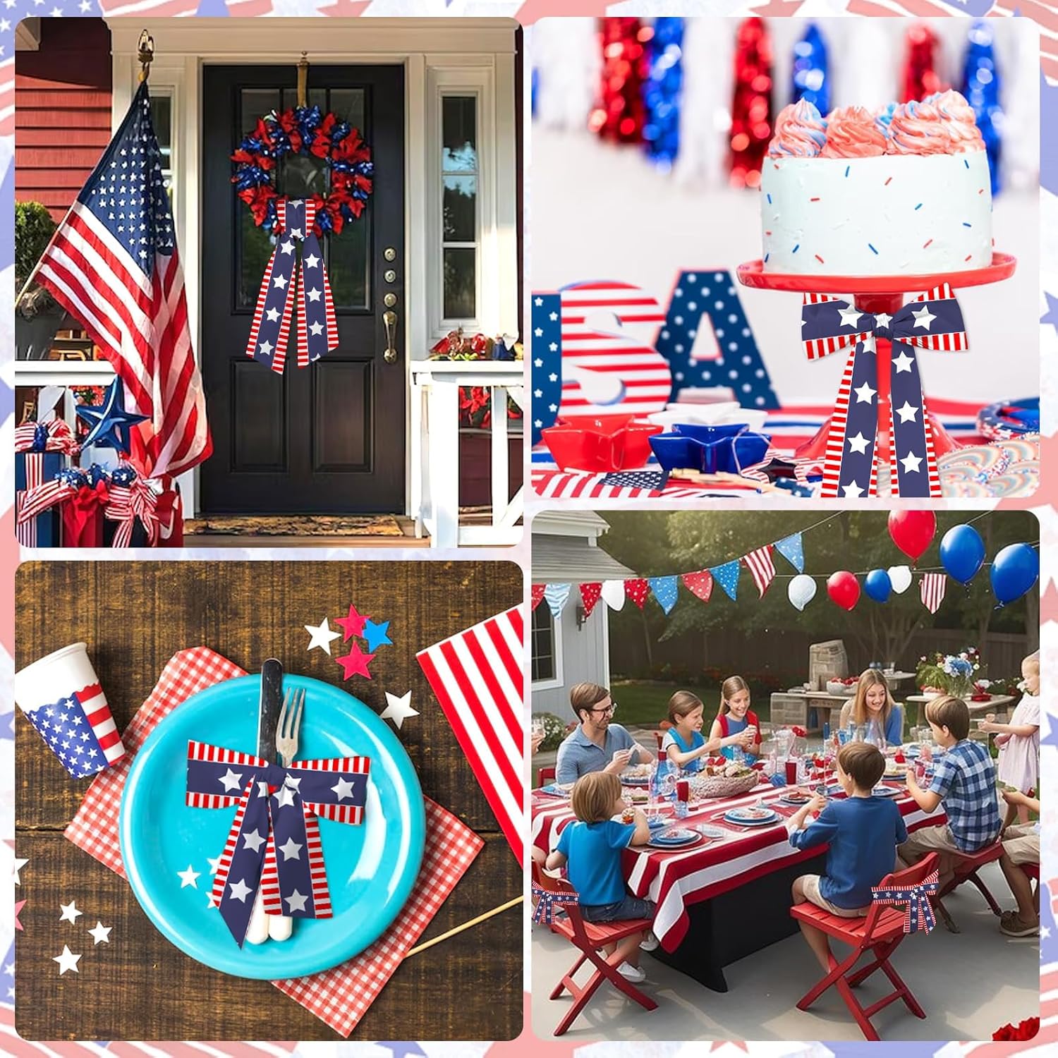 Patriotic 4th of July Wreath Sash - 4.5" x 56" Red & Blue Satin Ribbon with Stars & Stripes