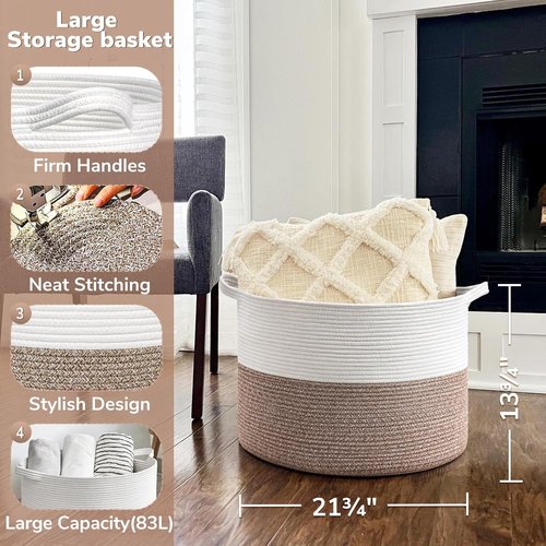 Goodpick Large Woven Rope Storage Basket - 83L for Blankets | Ideal for Living Room & Dorms - 21.7 x 13.8 Inches