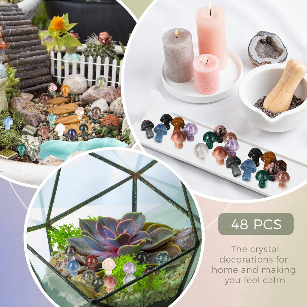 Skiennix Mini Crystal Mushroom Gemstone Sculptures - Polished Witchcraft Decor | 48 Pcs Retro Style