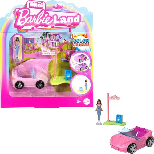 Barbie Mini BarbieLand Toy Vehicle Playset - Color-Change Convertible Car & Doll | Fun Street Sign Accessory