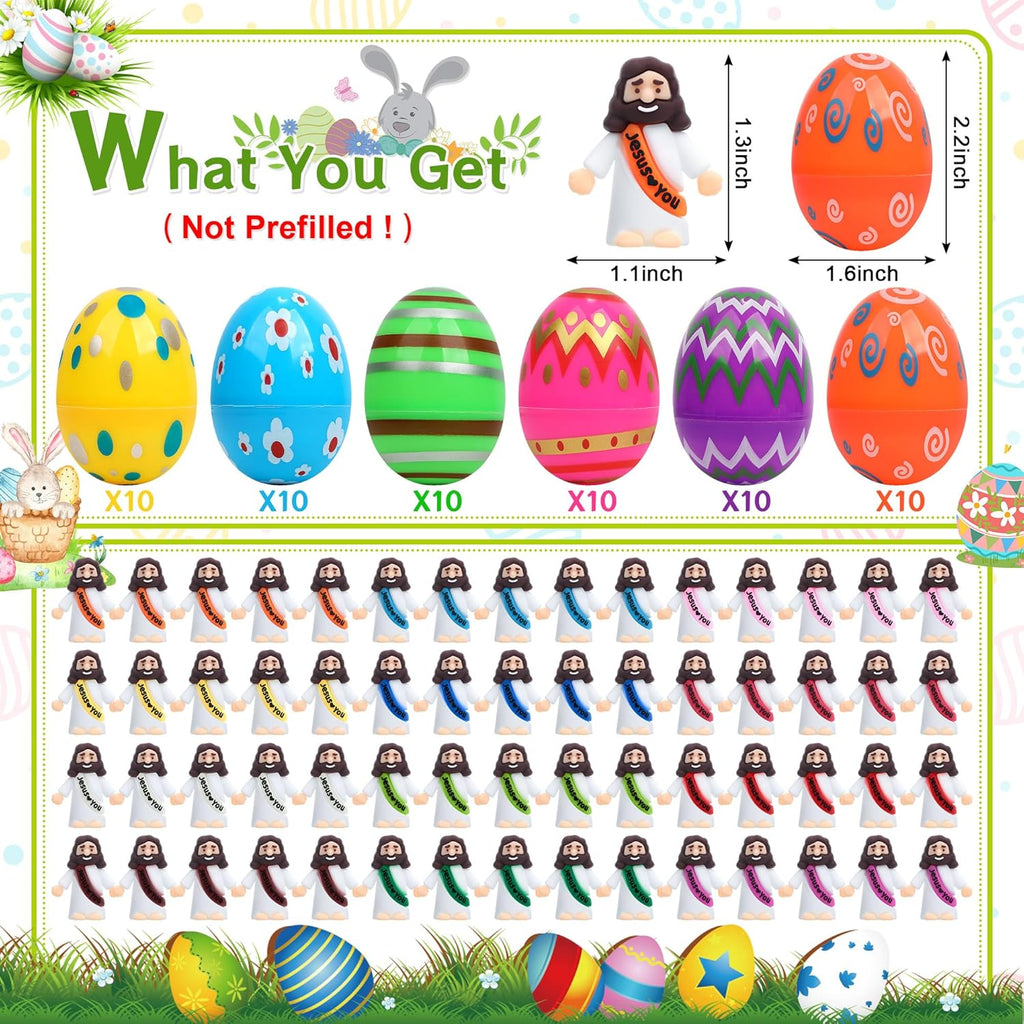 Regine Switzerland Easter Basket Stuffers - 60 PCS Colorful Eggs & Jesus Figurines for Kids' Parties