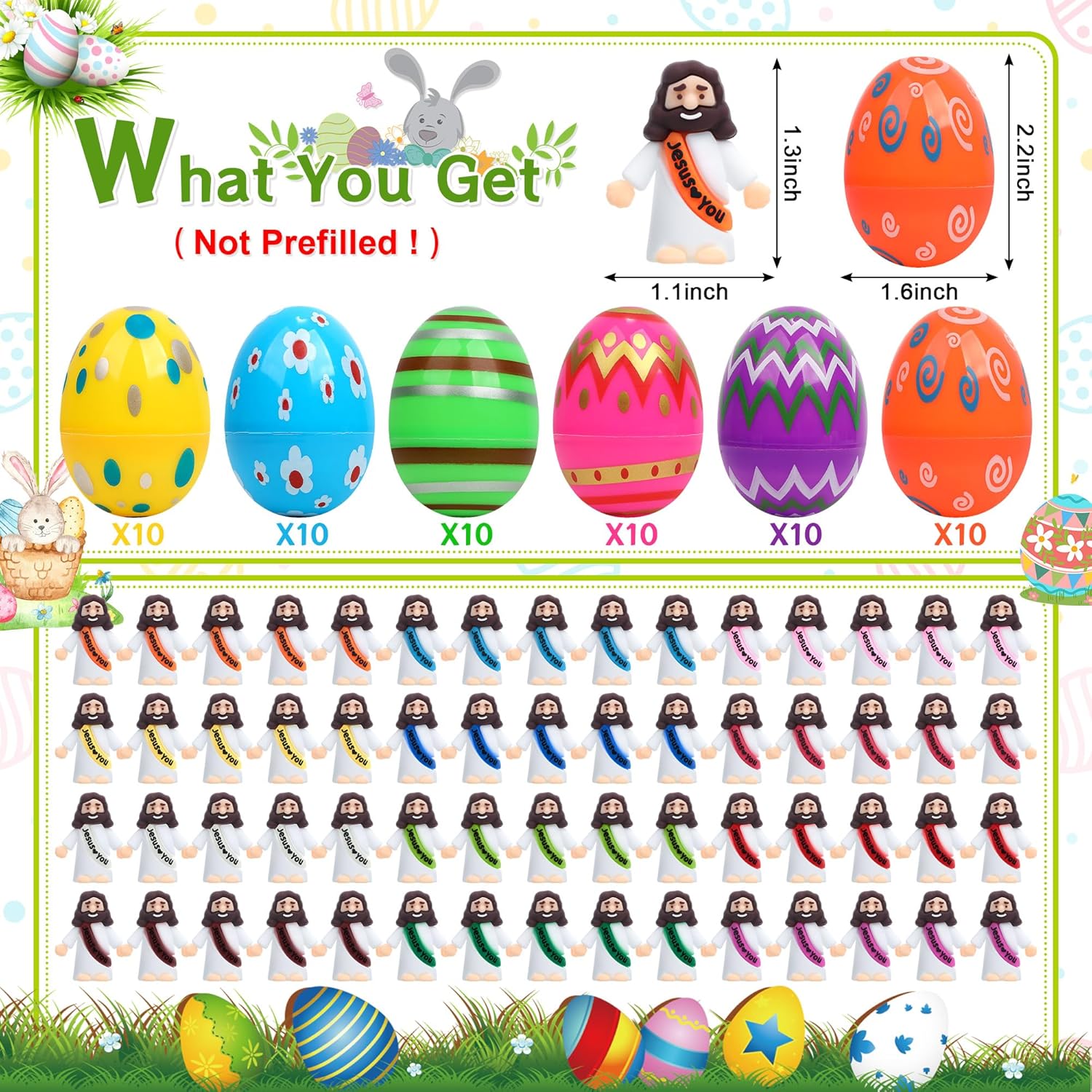 Regine Switzerland Easter Basket Stuffers - 60 PCS Colorful Eggs & Jesus Figurines for Kids' Parties