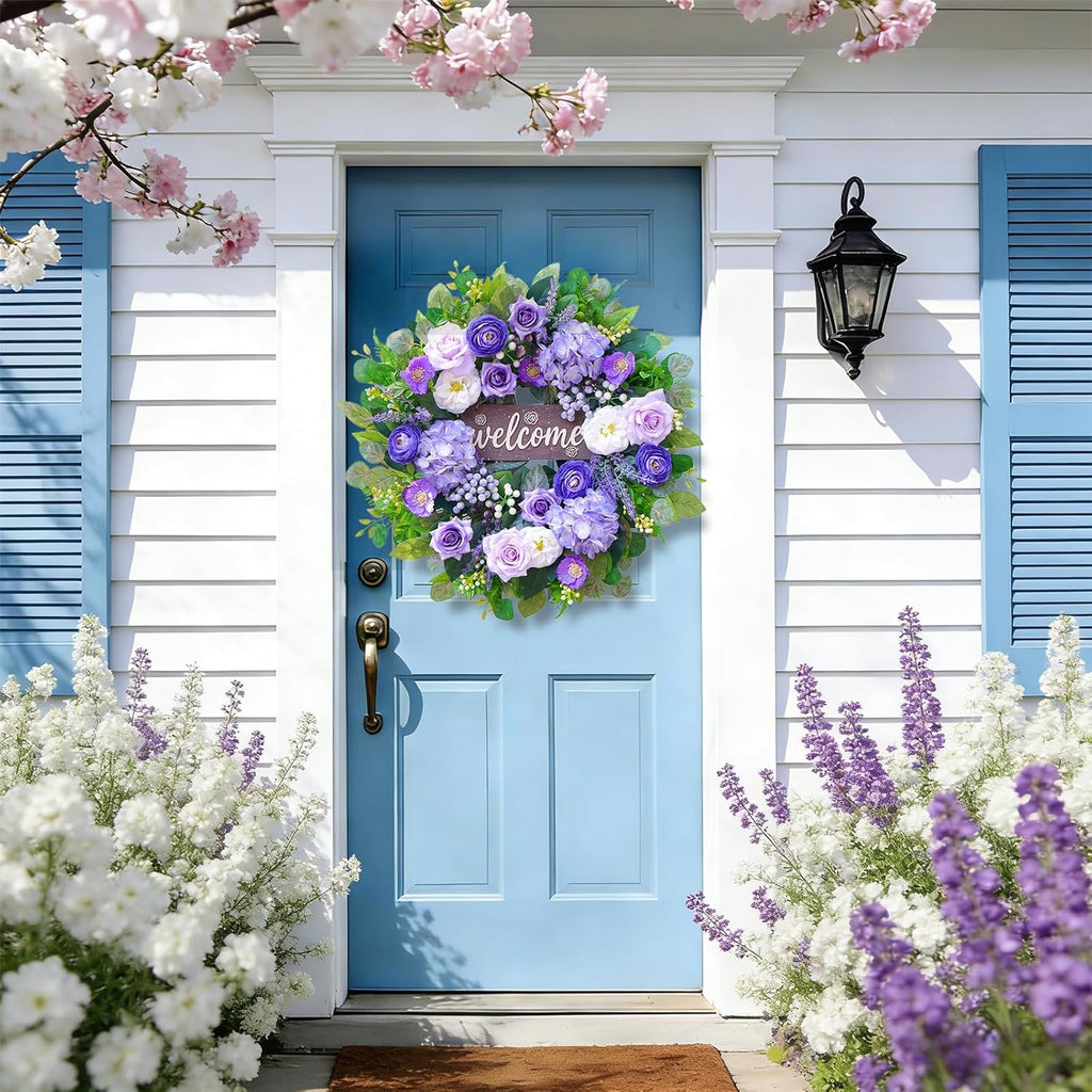 Regine Switzerland 24-Inch Spring Wreath - Luxury Purple Floral Design with Welcome Sign for Front Door Decor