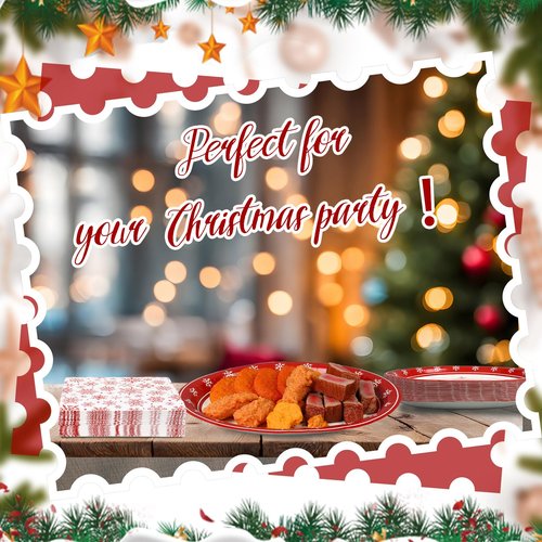 Yiyiring 150 Pcs Christmas Paper Plates and Napkins, 50 11 Inch Christmas Tree Disposable Oval Plates and 100 13 Inch Snowflake Napkins for 50 Guests Dinnerware Winter Party Supplies