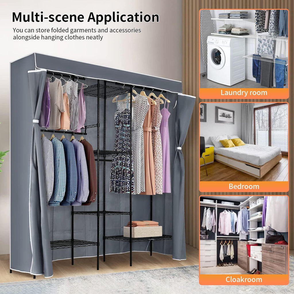 PayLessHere Adjustable Metal Garment Rack - Portable Clothing Rack with 4 Hanger Rods & 7 Shelves, Black