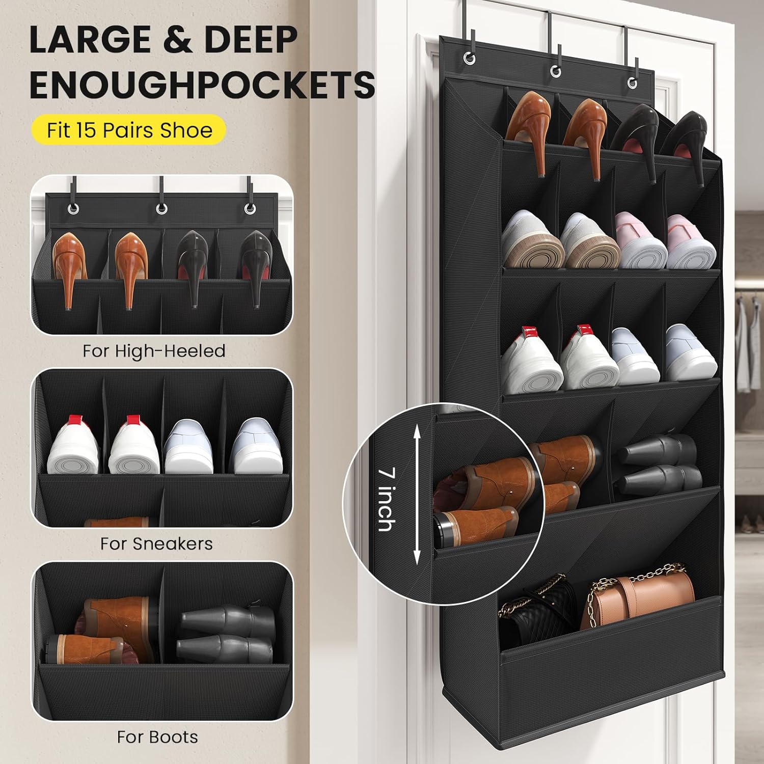 Skiennix Over The Door Shoe Organizer - 18 Pairs Capacity with Large Breathable Pockets | Black