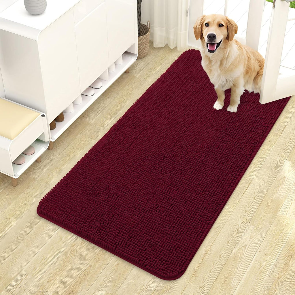 OLANLY Dog Door Mat - Absorbent Non-Slip Chenille Mat for Muddy Paws | 44x24 Inches, Burgundy