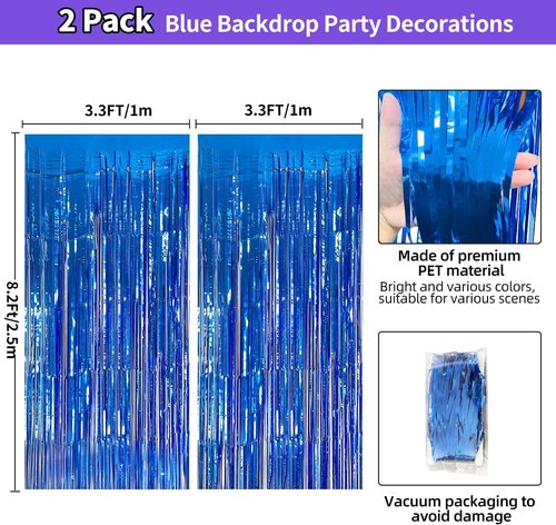 Blue Streamers | 3.3x8.2ft Dark Blue Tinsel Backdrop - Ocean Themed Party Decorations, 2 Pack