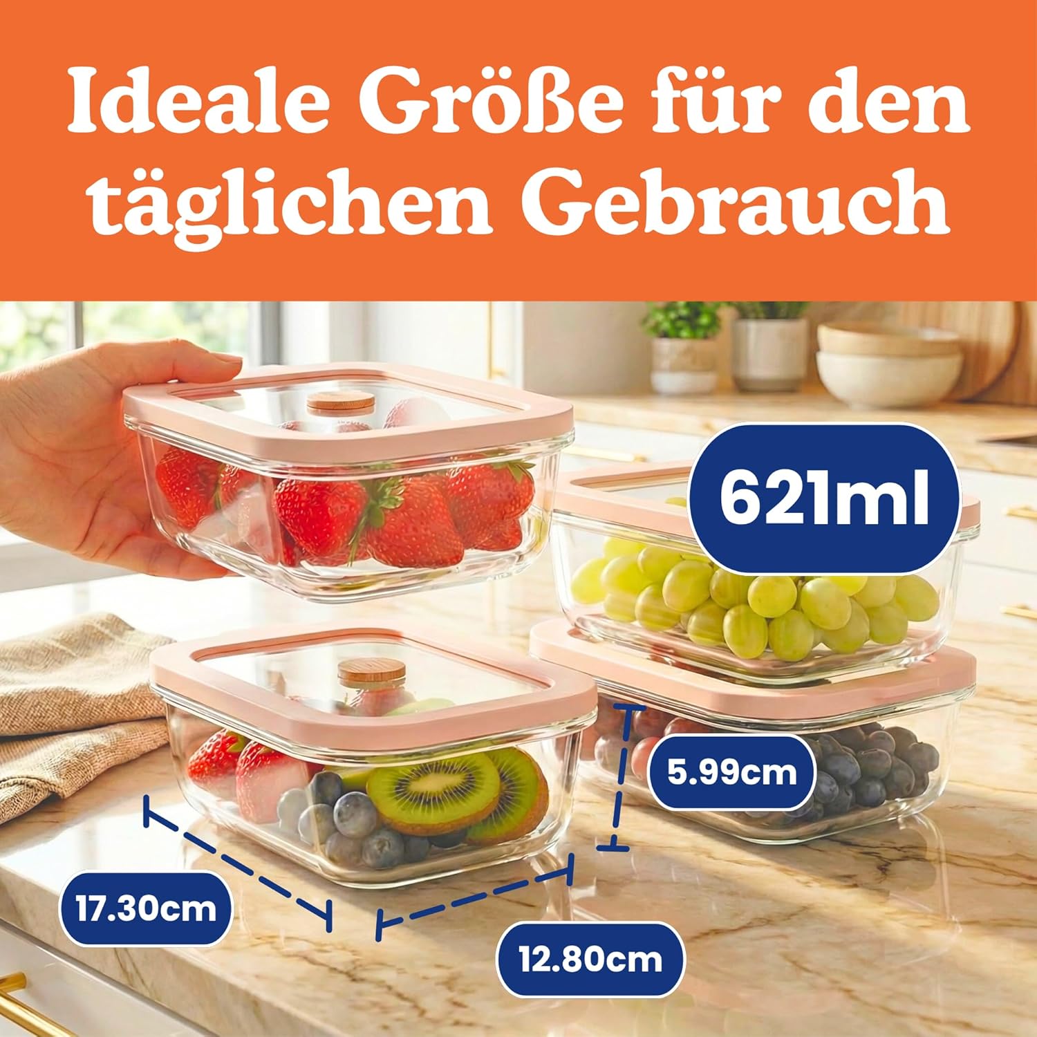 Ziruma Non-Toxic Glass Food Storage Containers - Airtight 2.6 Cup Meal Prep Set, Microwave & Freezer Safe, 4 Pack