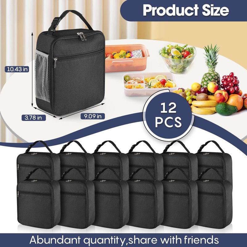 12 Pack lunch box Bulk,Insulated Reusable Lunch Bags with Aluminum for Women Men Girls,Leakproof lunch boxes,Small Lunch Tote Bag for Office,Work,Beach or Travel,Black