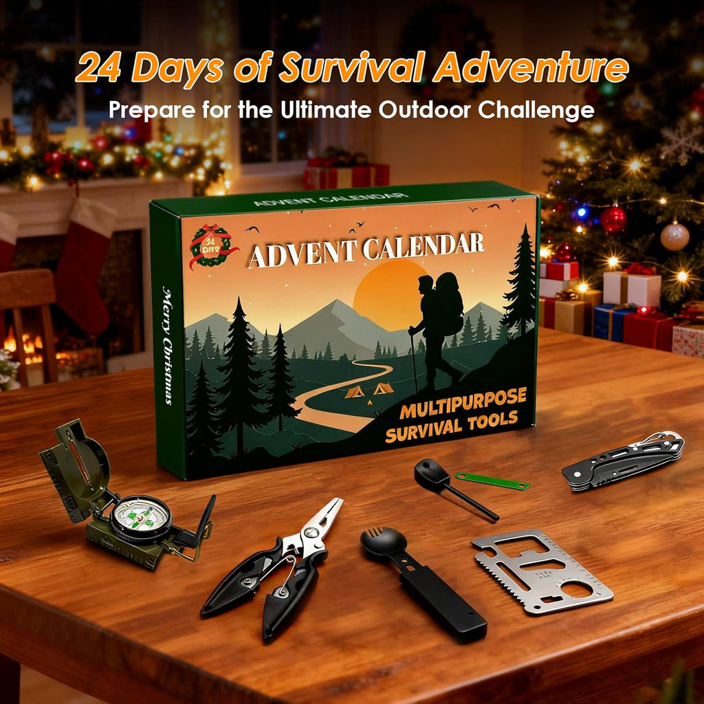 Skiennix 2025 Survival Kit Advent Calendar for Men - 33-Piece Outdoor Gear for Camping, Fishing & Hunting