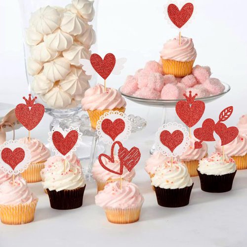 Ercadio Red Heart Cupcake Toppers - Glittery Valentine’s Day Picks for Bridal Showers & Parties | 24 Pack