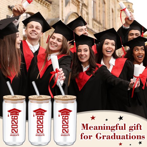 Suttmin 6 Pcs Class of 2026 Graduation Gifts Glass Cup with Bamboo Lids and Glass Straw, 2026 Graduation Gifts for Her Him, 16 oz College Masters Degree Can Shaped Cup(Red)