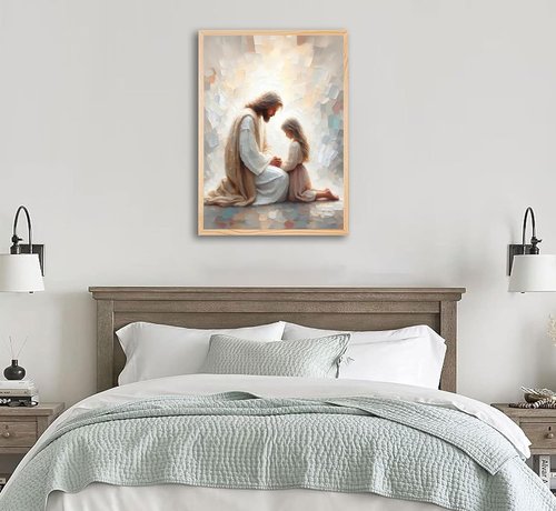 Jesus Wall Art - Christian Spiritual Painting of Jesus Praying with Child | Unframed Religious Decor