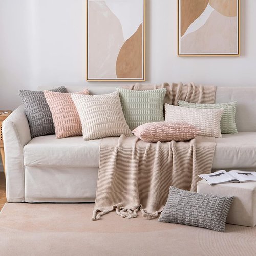 MIULEE Corduroy Lumbar Throw Pillow Covers - Soft Boho Striped Design | 22x14 Inch, Cream White