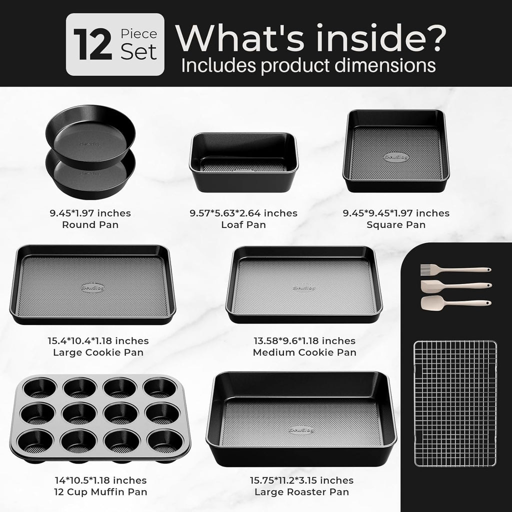 Skiennix 12-Piece Nonstick Bakeware Set - Stackable, Non-Toxic Pans with Rack & Utensils | Black