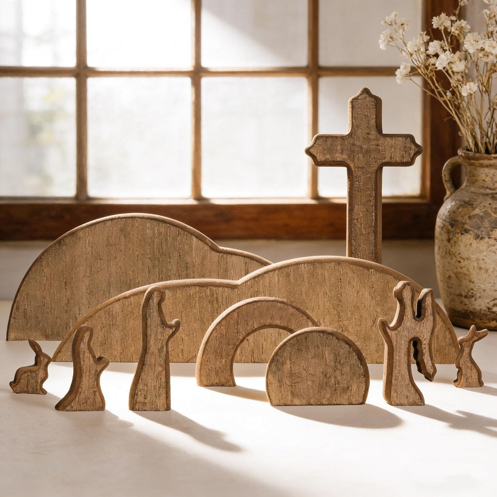 TW SHINE Easter Scene Decoration - Wooden Empty Tomb & Cross Tray Set for Home or Office