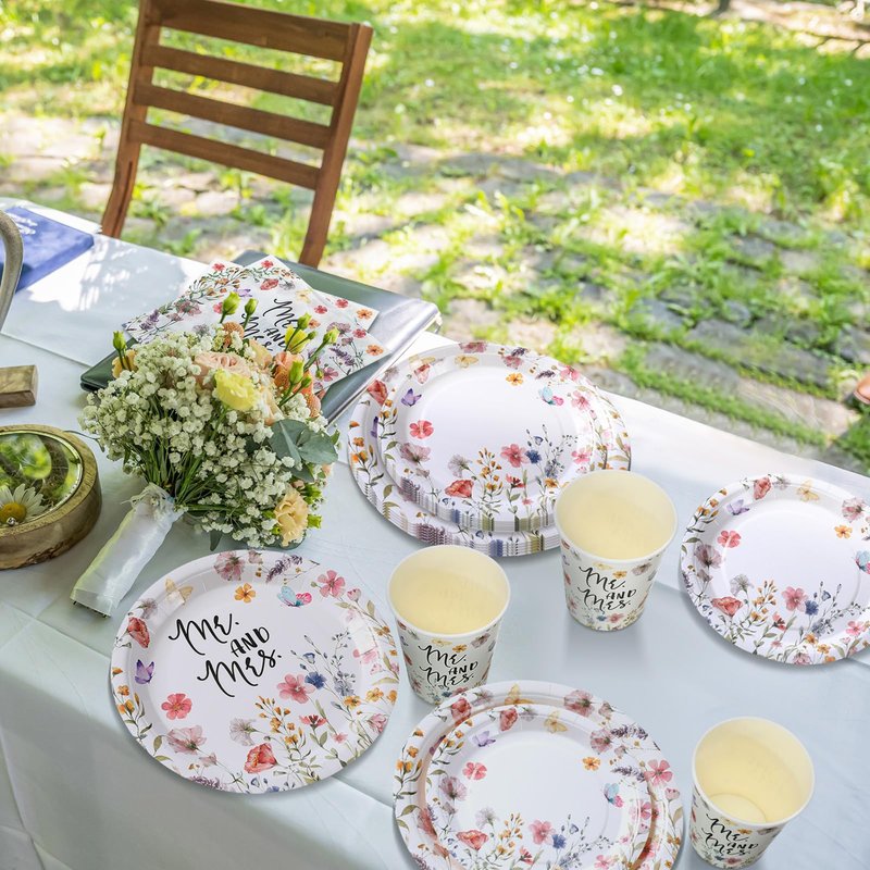 Zhehao 250 Pcs Mr. and Mrs. Bridal Shower Plates Napkins Sets 50 Pcs 9'' Dinner Plates and 7'' Dessert Plate and 9oz Cups 100 Napkins Serves 50 Party Supplies Bridal Shower Engagement Decoration