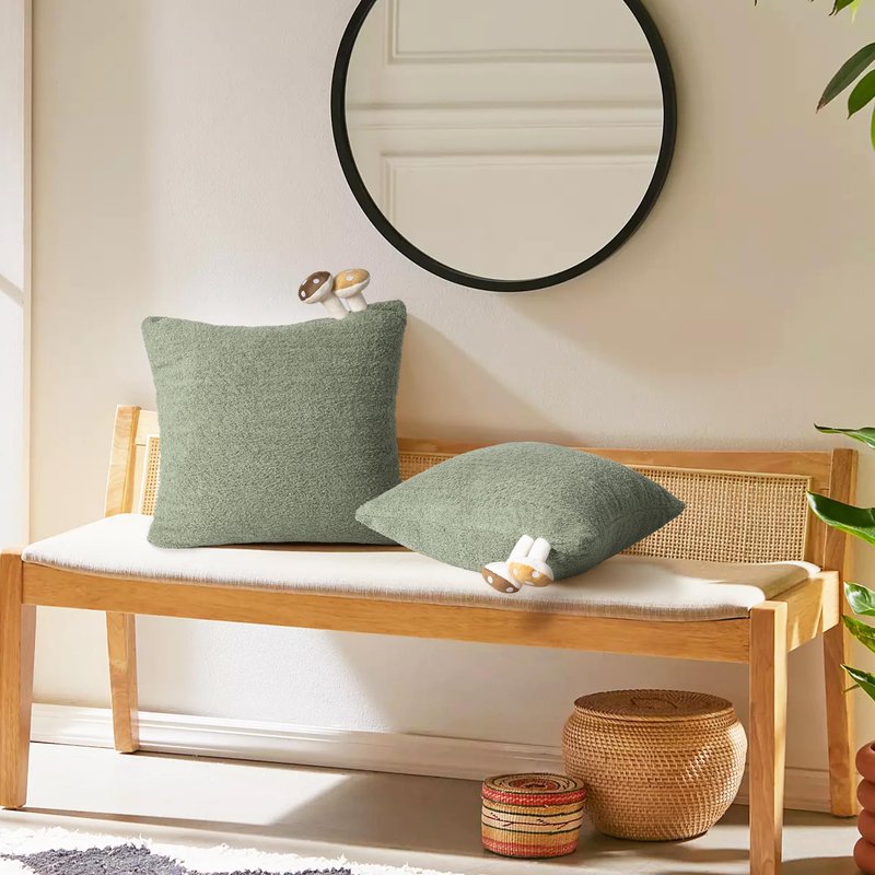 AELS Modern Farmhouse Decorative Mushroom Pillow Covers 18x18 with Two Small Mushroom Plush Sewed in, Cozy Plush Cushion Case for Bed Couch Sofa, Green