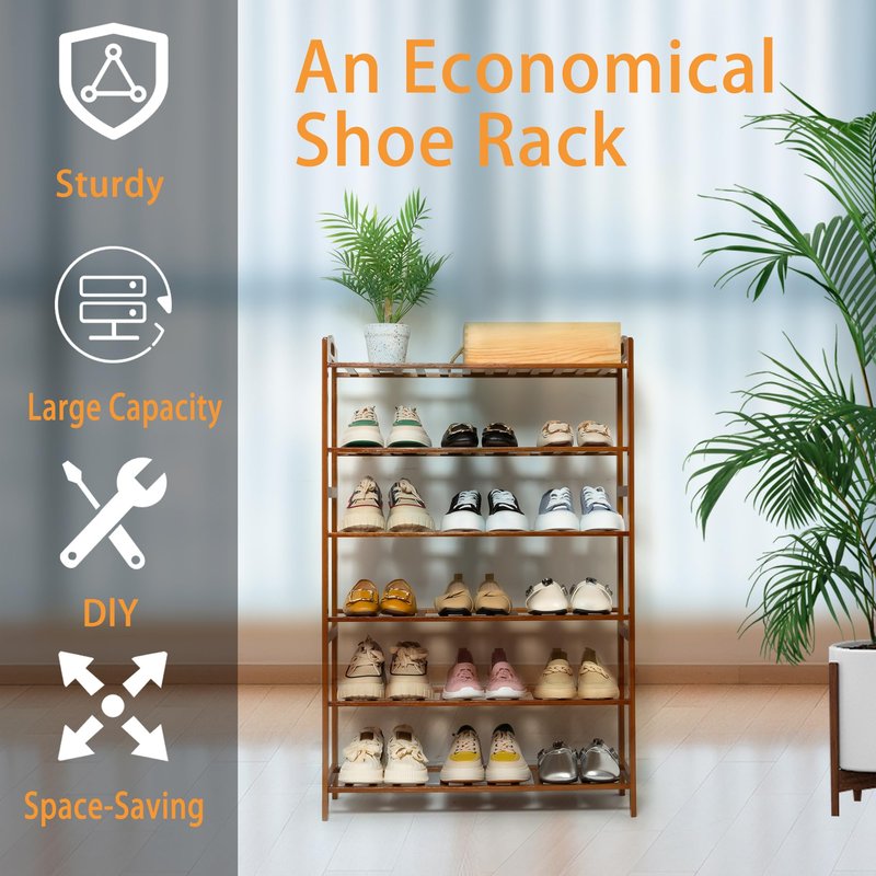 RKK Shoe Rack for Front Foor Entrance, Bamboo Shoe Rack for Closet Shoe Organizer Closet Organizers and Storage Shelves (Brown, 6 Tier)