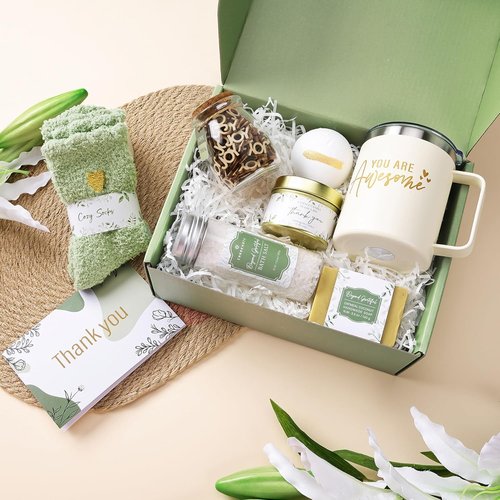 CARAKNOTS Thank You Gift Basket - Sage Green Spa Set with 12oz Mug & Joy Jar for Women, Teachers & Coworkers