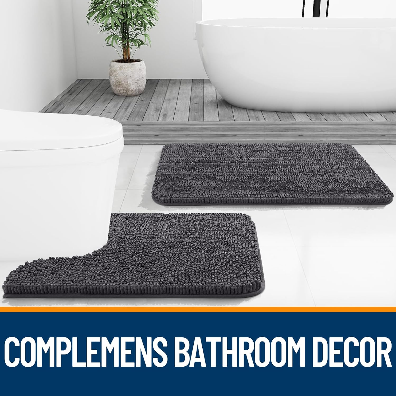 OLANLY Large Bathroom Rugs - Extra Soft Chenille Bath Mats with Rubber Backing | Quick Dry, Machine Washable, Dark Grey 45x27
