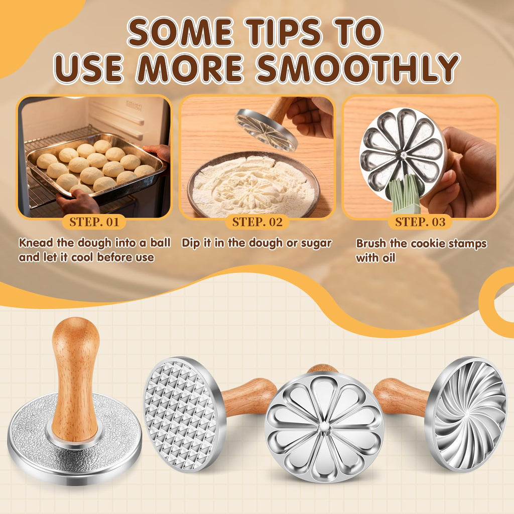 OPPEIN Cookie Stamps Set of 3, Metal Christmas Cookies Press Cutter Mold with Wooden Handle, Cookie Decorating Supplies for DIY Baking, Cake, Pastry,Christmas