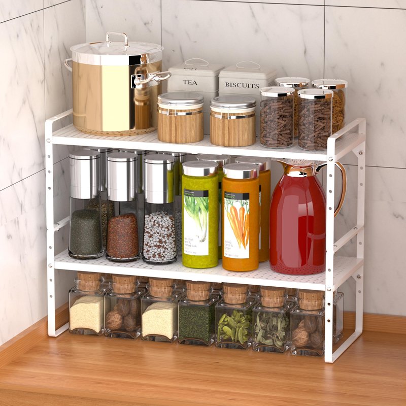 iPEGTOP 3 Pack Large Expandable Cabinet Storage Shelf, Heavy Duty Stackable Steel Metal Spice Rack Adjustable Height Home Office Pantry Garage Shelves for Counter Kitchen Organization, Black