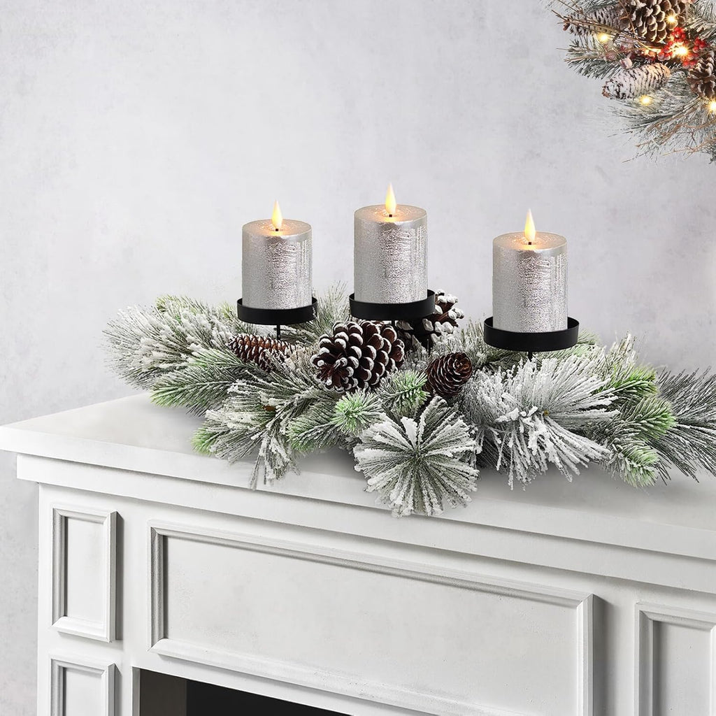Regine Switzerland Christmas Table Centerpiece - 27.5 Inch Flocked Pine Needles & Frosted Pine Cones | Snowy Design