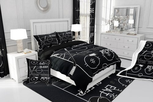 jejeloiu Kids Ice Hockey Comforter Set Twin Size Ice Sports Games Comforter Boys Girls Eat Sleep Hockey Ball Pattern Bedding Set Gaming Sports Theme Black Quilt Set