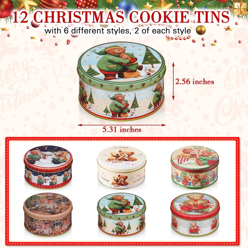 Yaomiao 12 Pack Christmas Cookie Tins with Lids for Gift Giving Small Xmas Tin Containers Round Metal Christmas Tins Empty Cookie Jar for Gift Giving Holiday Party Favors (Lovely Style)