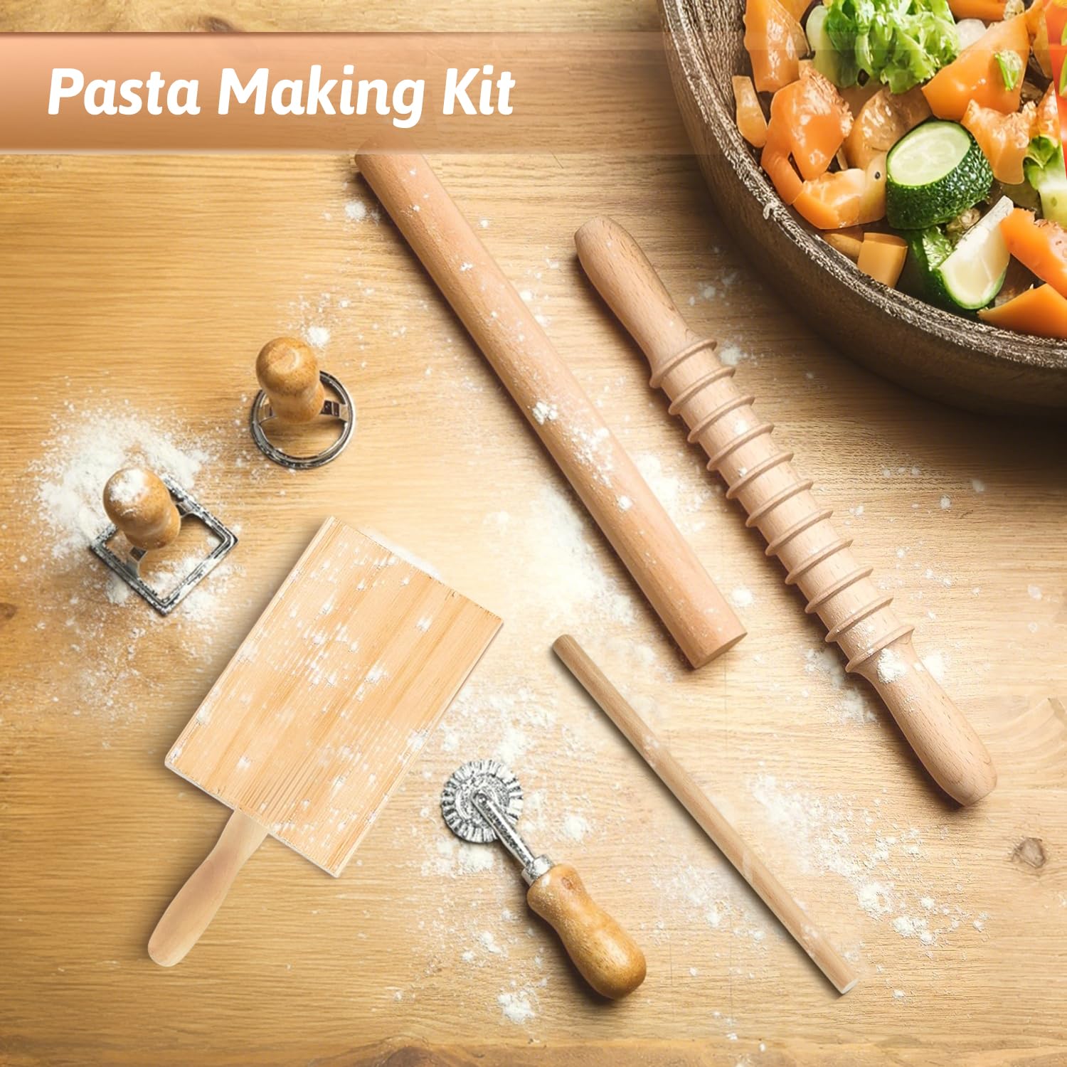 Mlesi 7 Pcs Pasta Making Tools, Wooden pasta kit with Rolling Pin, pasta cutter, Gnocchi Board, Ravioli Stamp, Homemade Noodle Dumpling Pasta Making Accessories