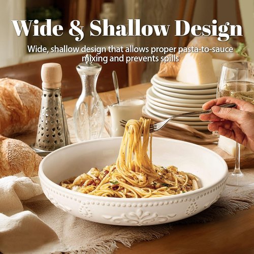 Artena Pasta Bowls - 50oz Large Salad Serving Bowls | Set of 4 White Ceramic Dinner Bowls, Microwave & Dishwasher Safe
