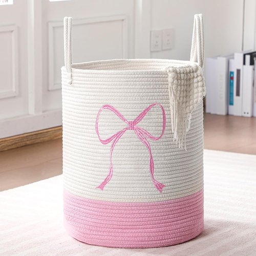 Honeydak Pink Laundry Basket - Coquette Cotton Rope Hamper for Girls' Room | 15 x 17.7 Inches Storage Solution