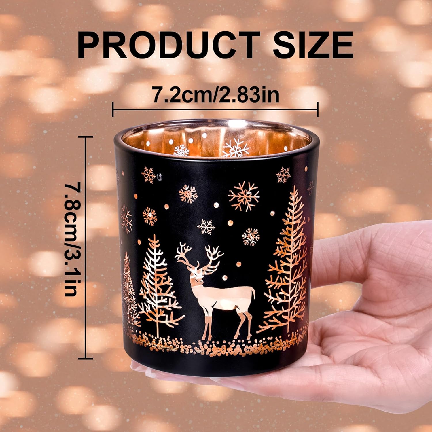 Skiennix Votive Candle Holders - Black & Gold Glass Tealight Set of 3 | Festive Elk, Tree & Snowflake Design for Holiday Decor