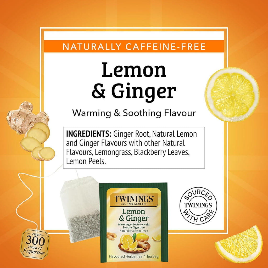 Twinings Lemon & Ginger Herbal Tea - Spicy Ginger & Lemon Peel, Caffeine-Free, 150 Individually Wrapped Bags