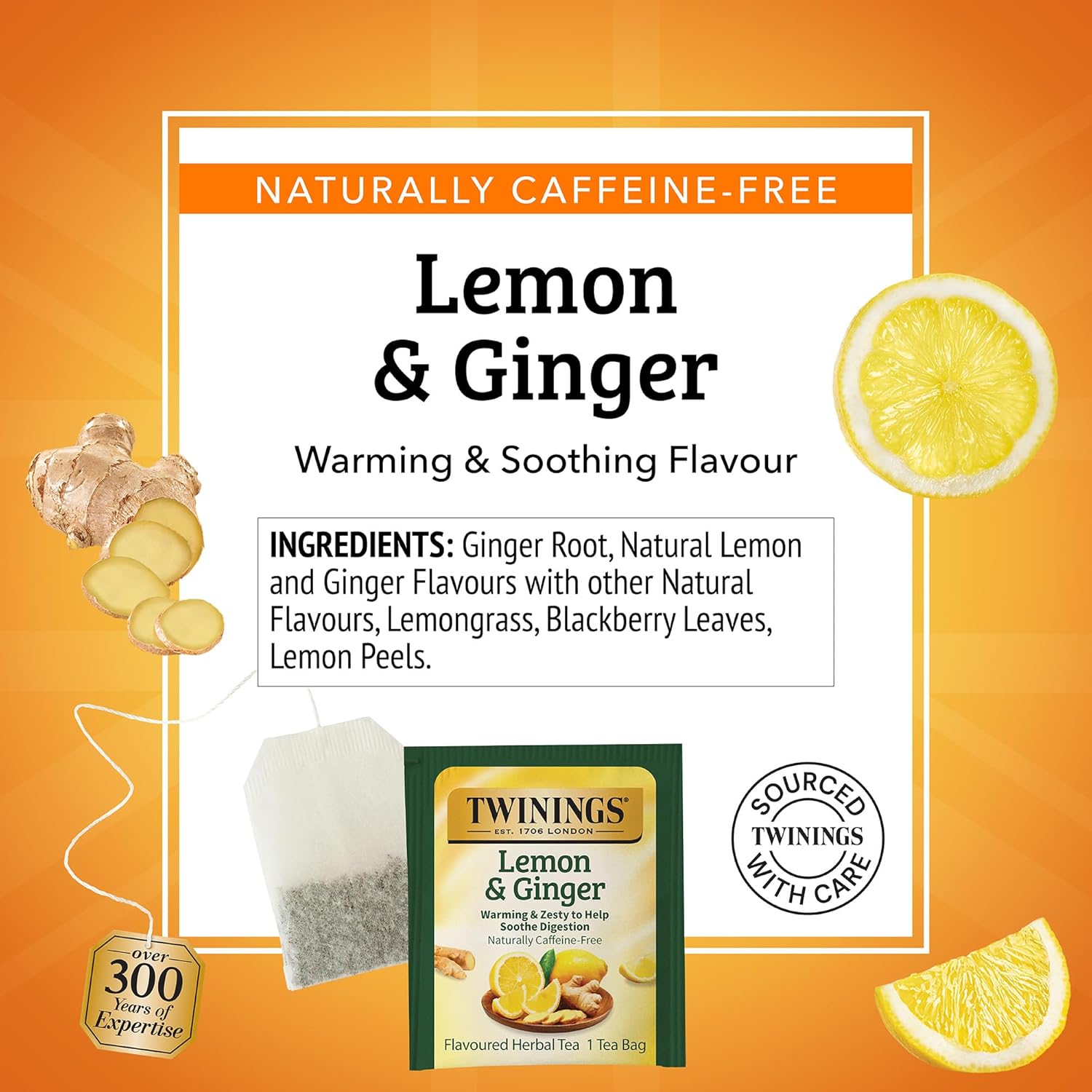Twinings Lemon & Ginger Herbal Tea - Individually Wrapped Bags, 50 Count (Pack of 6) | Caffeine-Free, Enjoy Hot or Iced