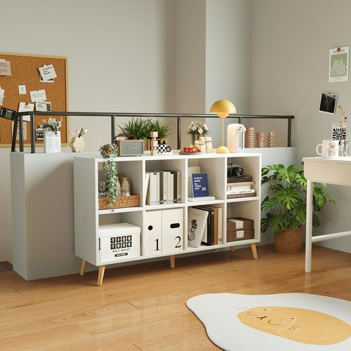 Flrrtenv 8-Cube Bookshelf - Modern 2-Tier Wood Storage Organizer | 47" Freestanding White Bookcase