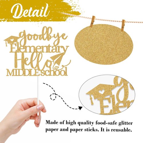 Goodbye Elementary Cake Topper - 5th Grade Graduation Decor for Middle School | Gold Glitter Design