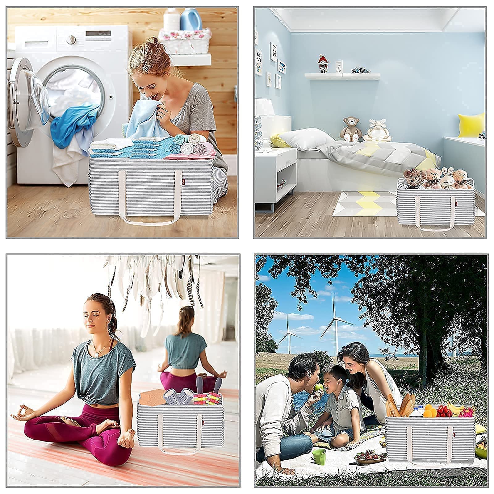 LHZK 2-Pack Standing Extra Large Utility Tote Bag with Metal Wire Frame and the Sides Rinforced, Large Collapsible Canvas Utility Tote (Gray/Pink)