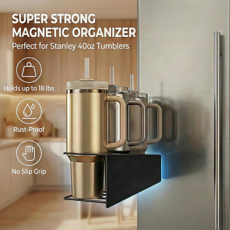 Magnetic Cup Holder for Fridge (2-Pack) – Compatible with Stanley Quencher H2.0 & Yeti 20–40oz Tumblers – Heavy-Duty 18LB Full-Magnet Drink Holder with Utility Hook Rack for Kitchen or Garage