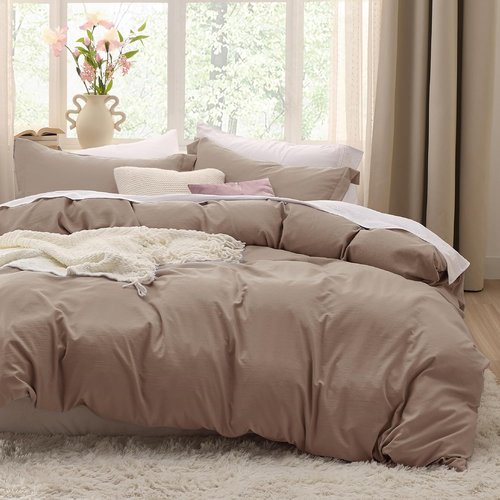 Bedsure Khaki Duvet Cover Set - Extra Soft Cotton-Like Polyester, Full Size 3-Piece 80x90 Inches with Zipper Closure