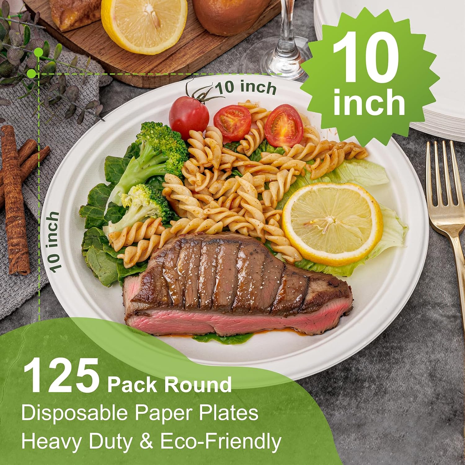 WELLIFE 10-Inch Compostable Paper Plates - 125-Pack Heavy Duty, Eco-Friendly & Microwaveable | BPI Certified