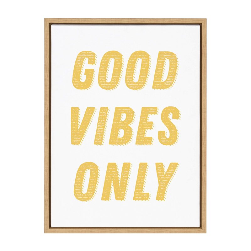 Kate and Laurel Sylvie Good Vibes Only in Yellow Framed Canvas Wall Art by Apricot and Birch, 18x24 Natural, Inspiring Positive Art for Wall